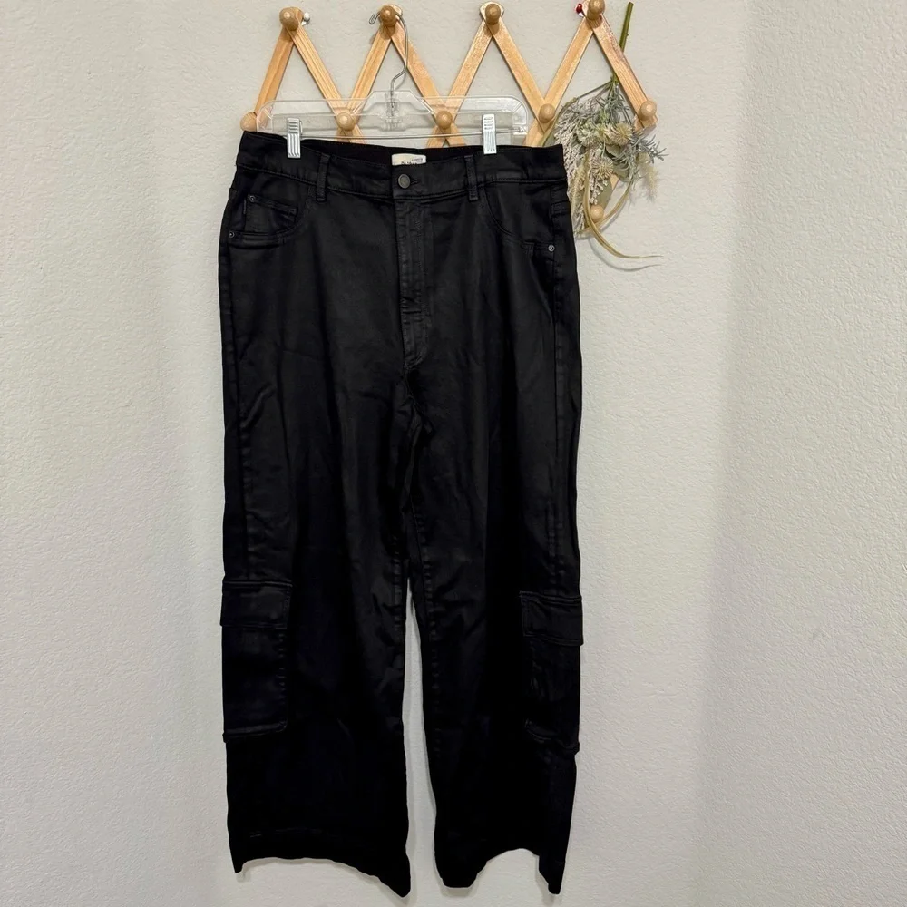 DL1961 Hepburn Wide Leg High Rise Vintage Black Coated Cargo Jeans Pants Sz 33